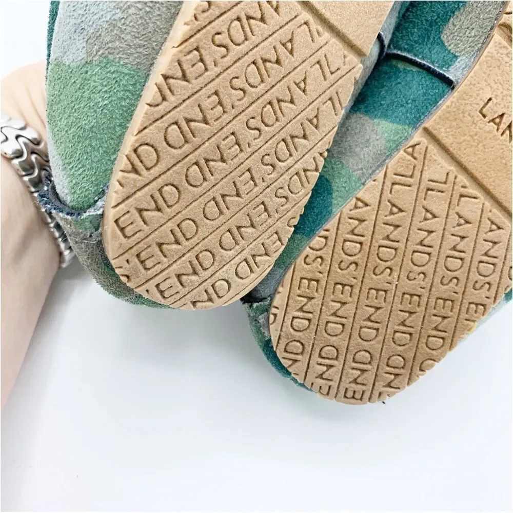 Lands' End Green Camo Print Moccasin‎ Slippers Faux Fur Lining Kids Size 1